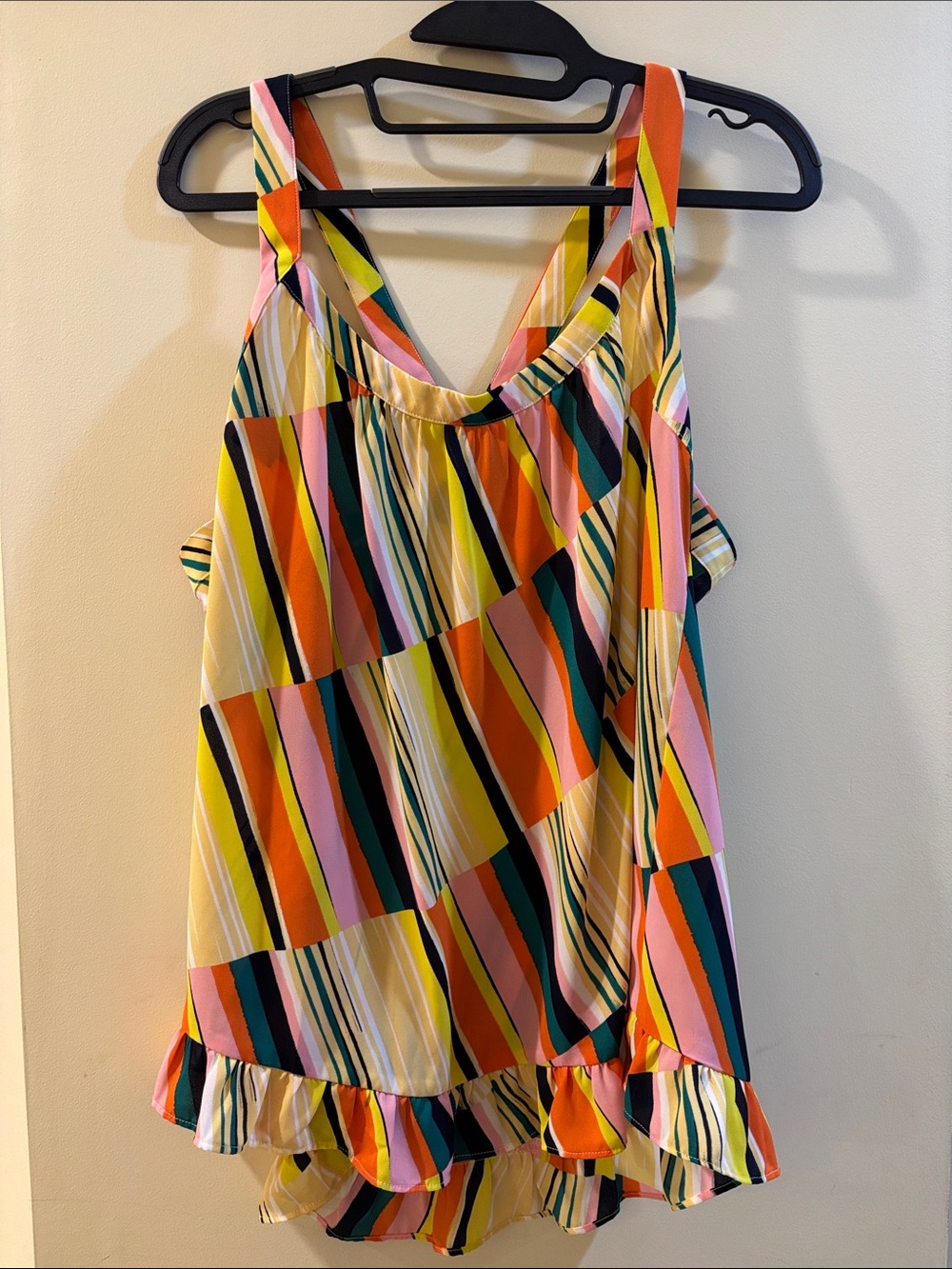 Cabi Size  Striped Ruffle Hem Cami Tank -‎ Bright 70s vibe Festival EUC